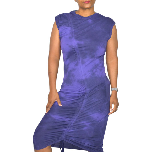 Raquel Allegra Dresses & Skirts - Raquel Allegra Midi Dress Purple Gathered Tie Dye Ruched Jersey Bodycon Medium